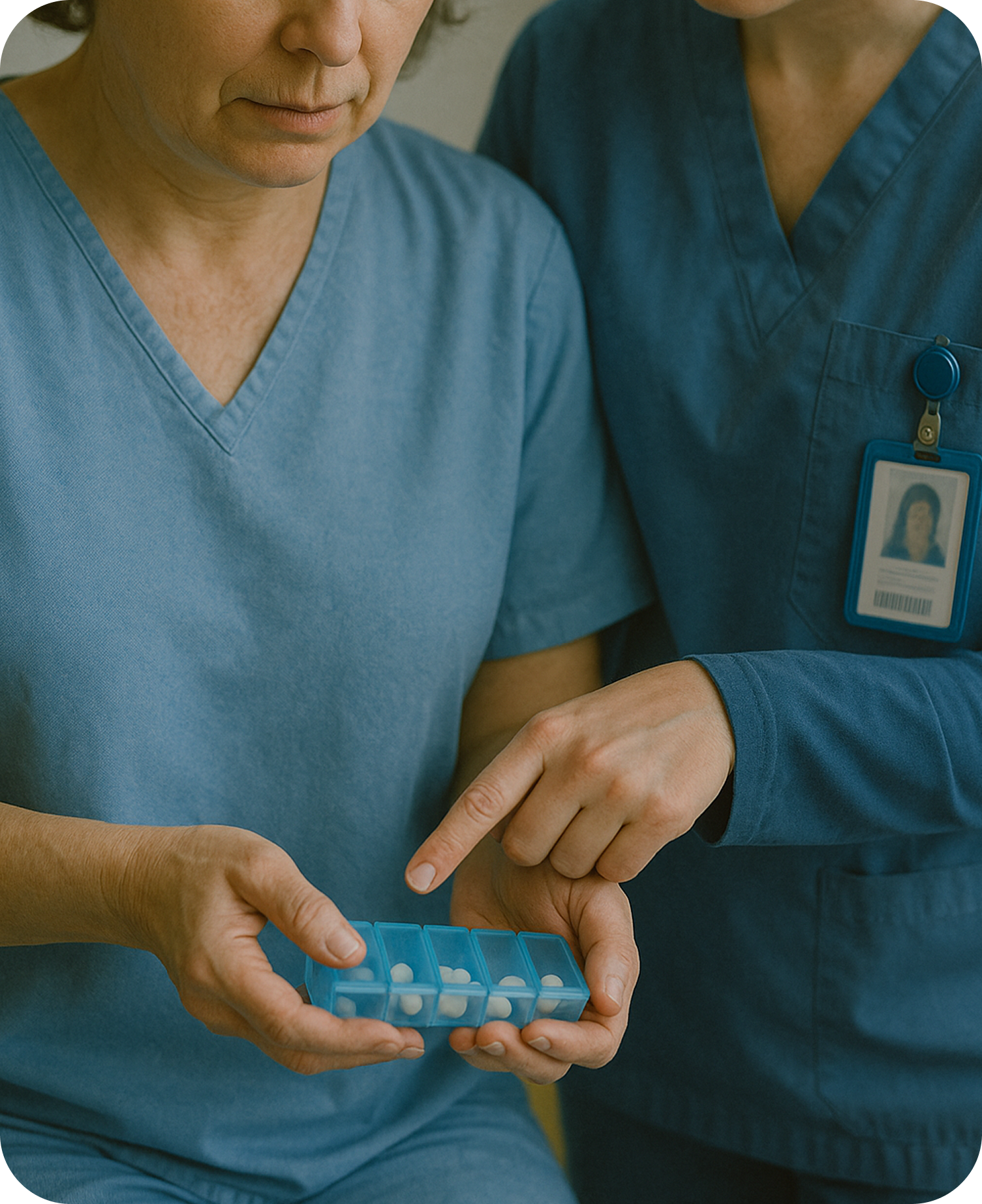 Ápoló segít a gondozottnak a gyógyszerek kapcsán